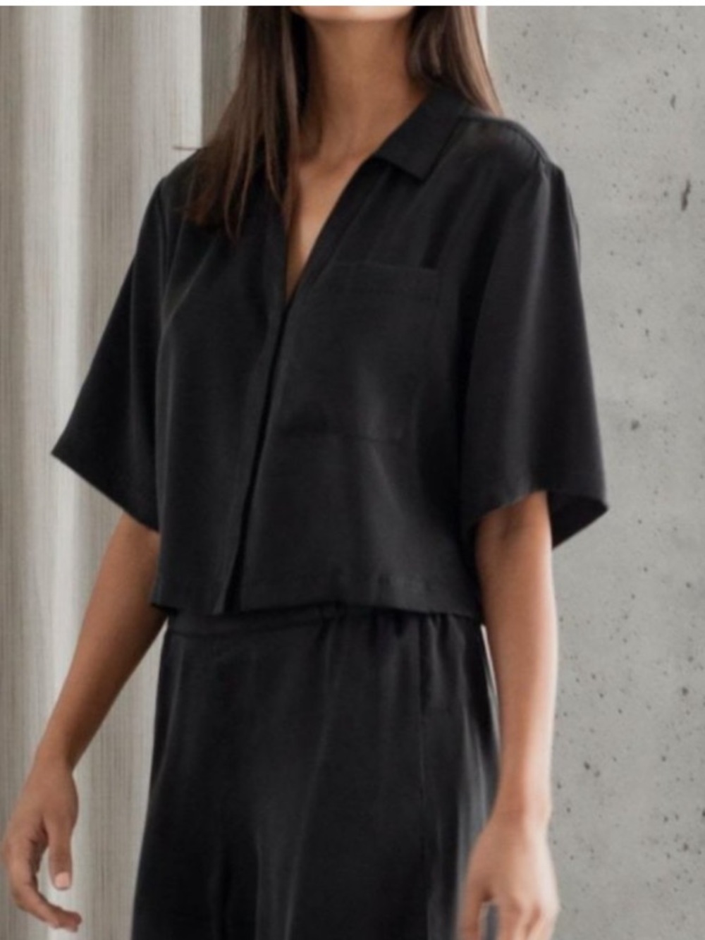 LUNYA Black Washable 100% Silk Lounge Crop Top Blouse Small